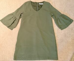 Belongsci Olive Green V-Neck Bell Sleeve Shift Mini Dress Women's Size Small